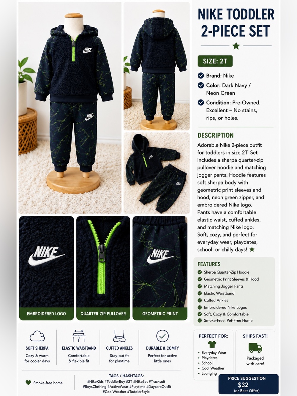 Nike Toddler 2-Piece Set Dark Navy with Neon Green Accent